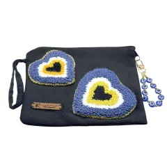 Punch Nakışı Detaylı Nazar ve Kalp Clutch Çanta