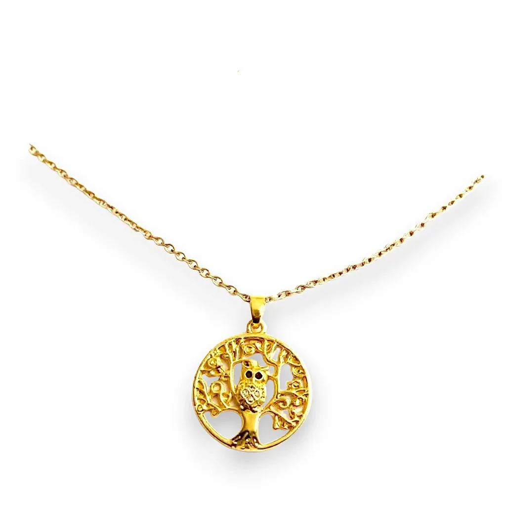 Gold Çelik Baykuşlu Yaşam Ağacı Kolye