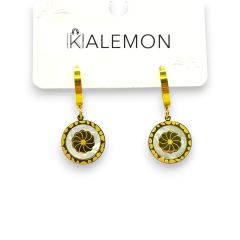 Mineli Çiçek Desenli Sallantılı Gold Çelik Küpe