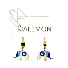 Fil ve Nazar Boncuğu detaylı Çelik Küpe